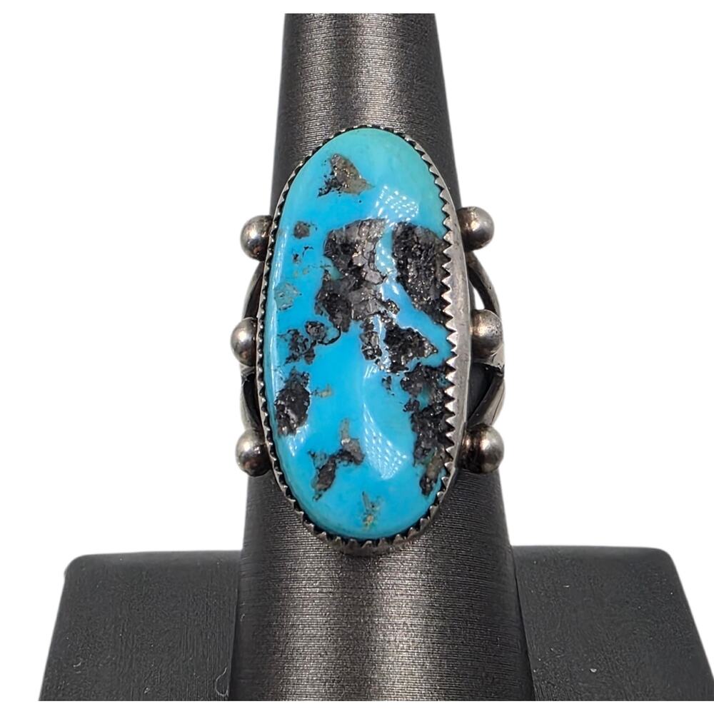 Vintage Running Bear Genuine Kingman Turquoise Sterling Silver Navajo Ring Sz 7